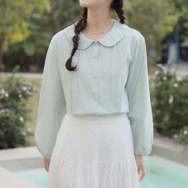 FR-Long-Sleeve Collared Plain Pleated Blouse