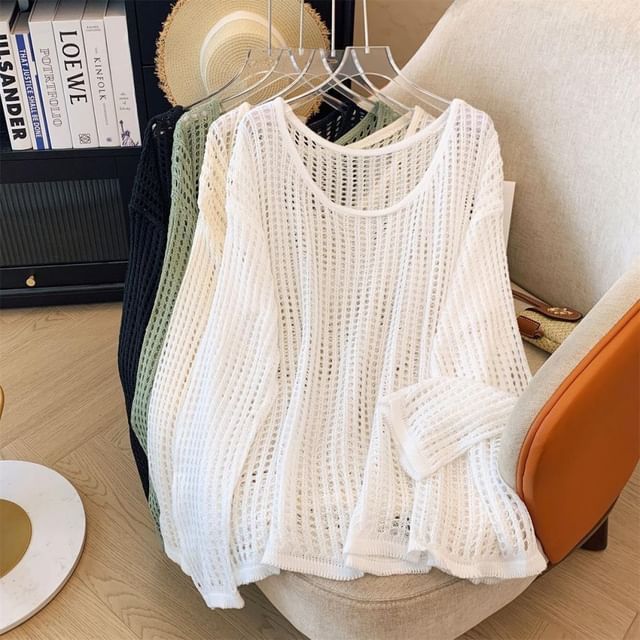 FR-Long-Sleeve Crewneck Perforated Plain Knit Top