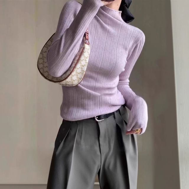 FR-Long Sleeve Mock Neck Plain Ribbed Knit Top