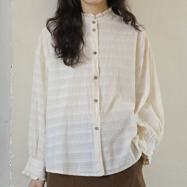 FR-Long Sleeve Stand Collar Striped Frill Blouse