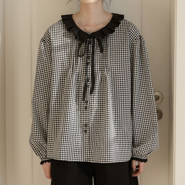 FR-Long-Sleeve V-Neck Ruffle Trim Plaid Blouse