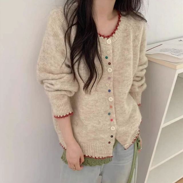FR-Round Neck Contrast Trim Button Detail Cardigan