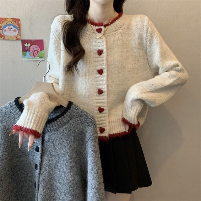 FR-Round Neck Contrast Trim Button Up Cardigan