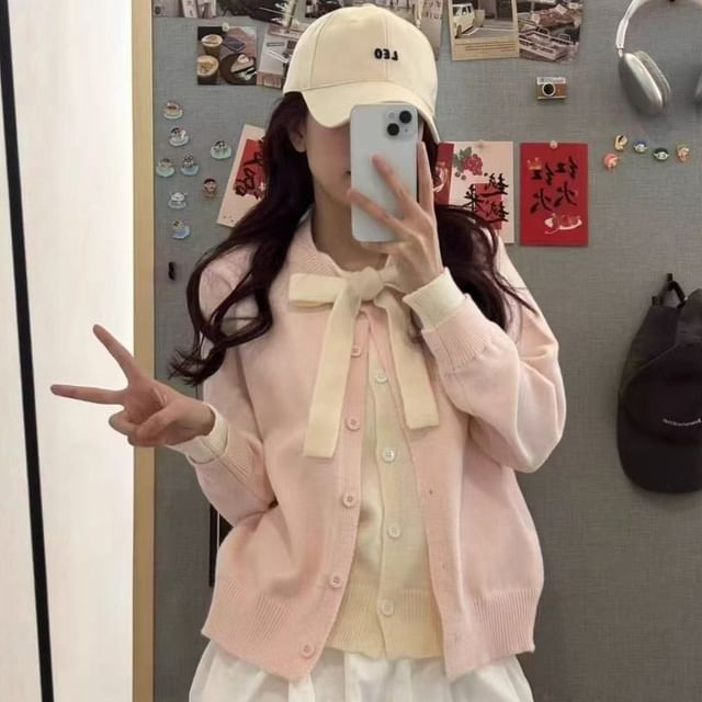 FR-Round Neck Mock Two Piece Cardigan