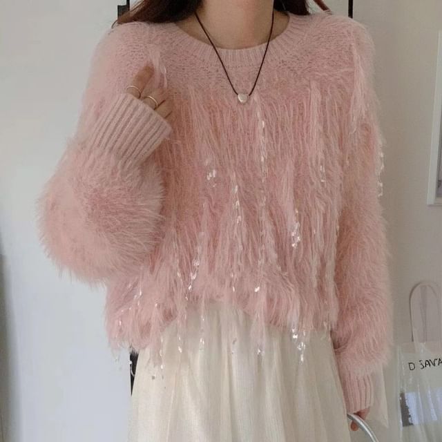FR-Round Neck Plain Fluffy Glitter Sweater