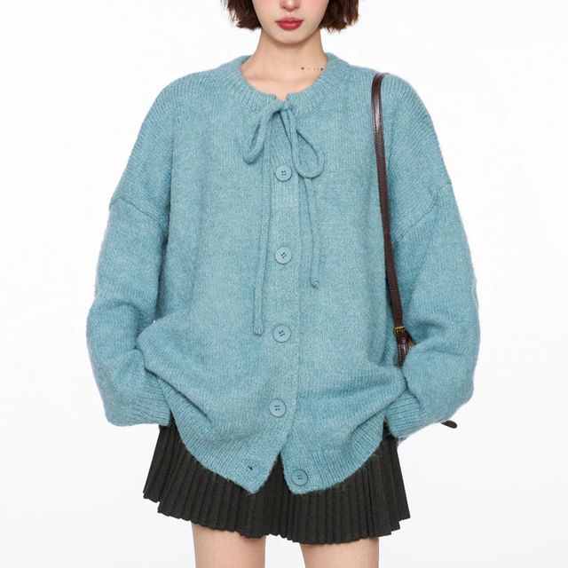FR-Round Neck Plain Tie Front Cardigan