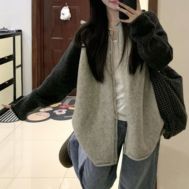 FR-Round Neck Raglan Button Up Cardigan