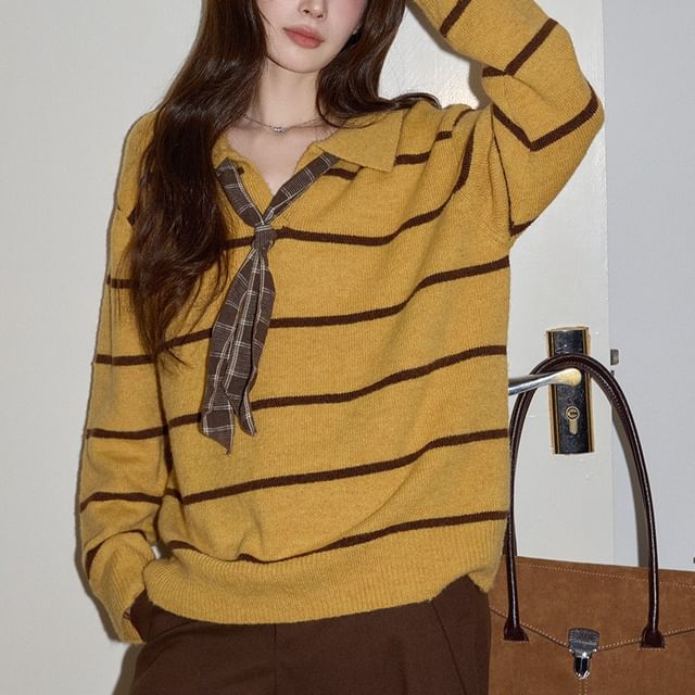 FR-Set Collared Drop Shoulder Striped Oversized Sweater Light Scarf