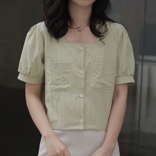 FR-Short-Sleeve Square Neck Plain Button Up Blouse