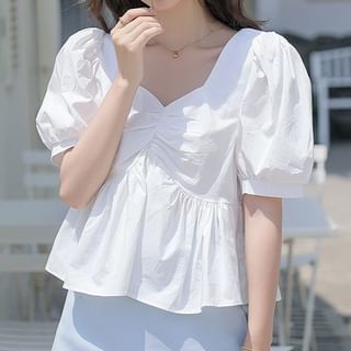 FR-Short-Sleeve V-Neck Plain Ruched Blouse