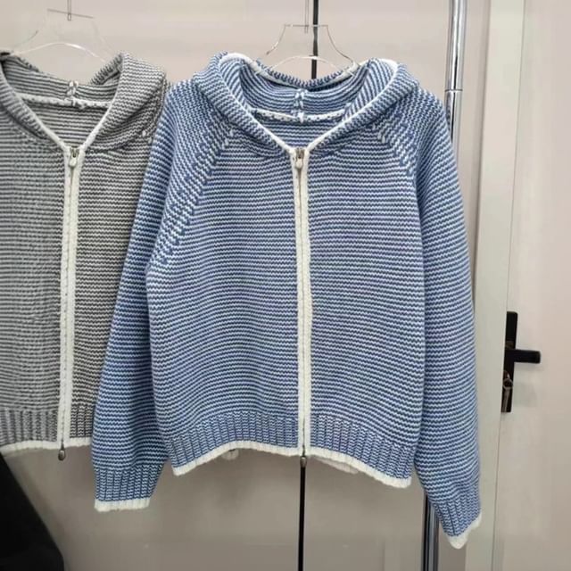 FR-Striped Hood Zip Cardigan