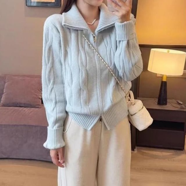 FR-Turtleneck Plain Cable Knit Zip Cardigan