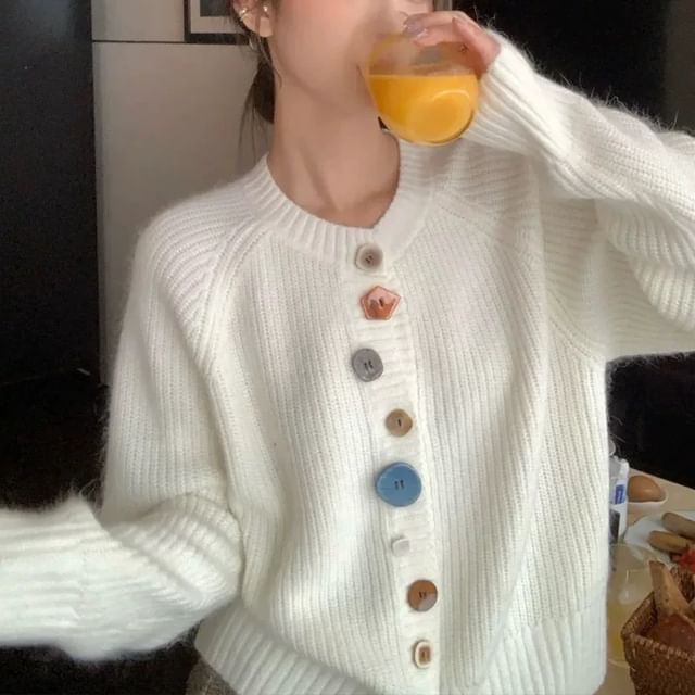 FR-V-Neck Button-Up Plain Cardigan
