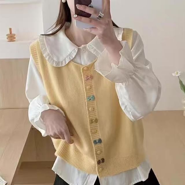 FR-V-Neck Button-Up Plain Sweater Vest