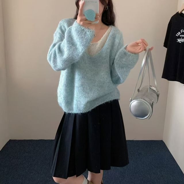FR-V-Neck Mock Two Piece Sweater