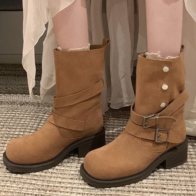 FRAISO-Block Heel Plain Mid-Calf Boots