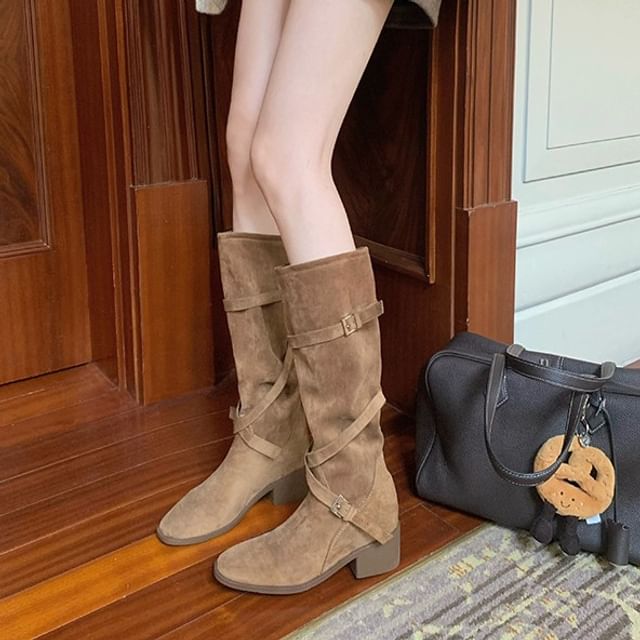 FRAISO-Chunky Heel Buckled Tall Boots