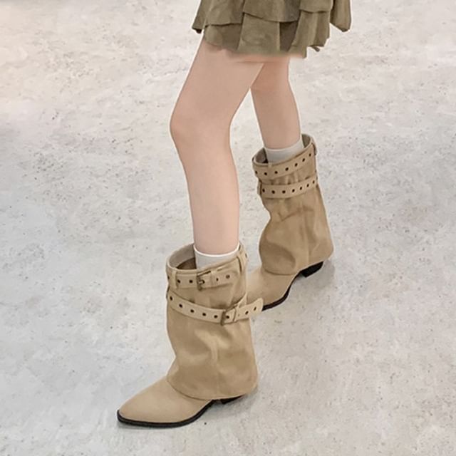 FRAISO-Chunky Heel Plain Belted Mid-Calf Boots