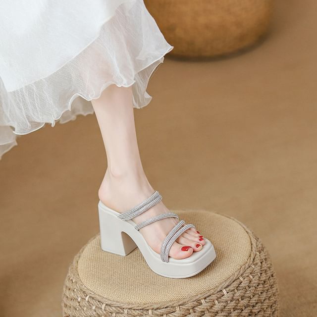 FRAISO-Chunky Heel Rhinestone Strap Sandals