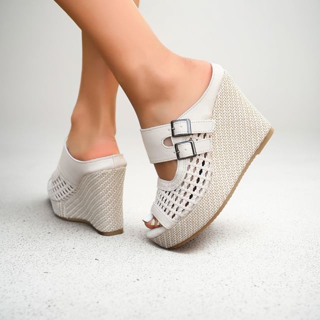 FRAISO-Faux Leather Peep-Toe Platform Wedge Sandals