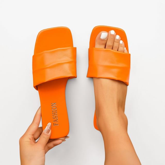 FRAISO-Faux Leather Square Toe Plain Slide Sandals Multiple Colors