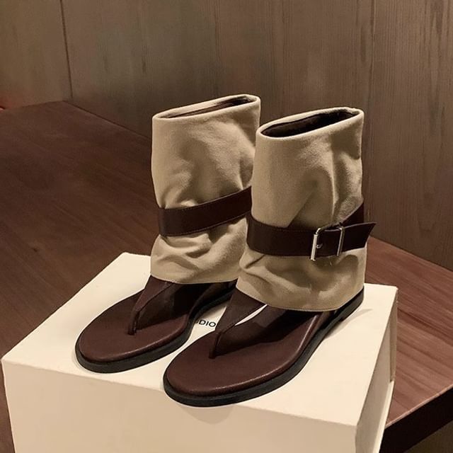 FRAISO-Hidden Wedge Buckled Short Thong Boots