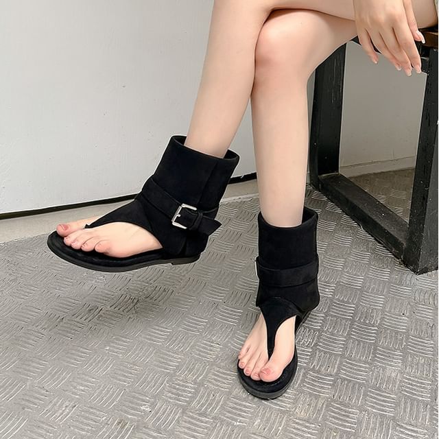 FRAISO-Hidden Wedge Plain Buckled Short Thong Boots