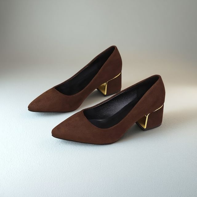 FRAISO-Pointed Toe Block Heel Faux Suede Pumps