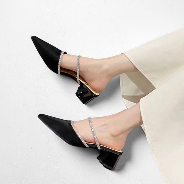 FRAISO-Pointed Toe Rhinestone Block Heel Mules