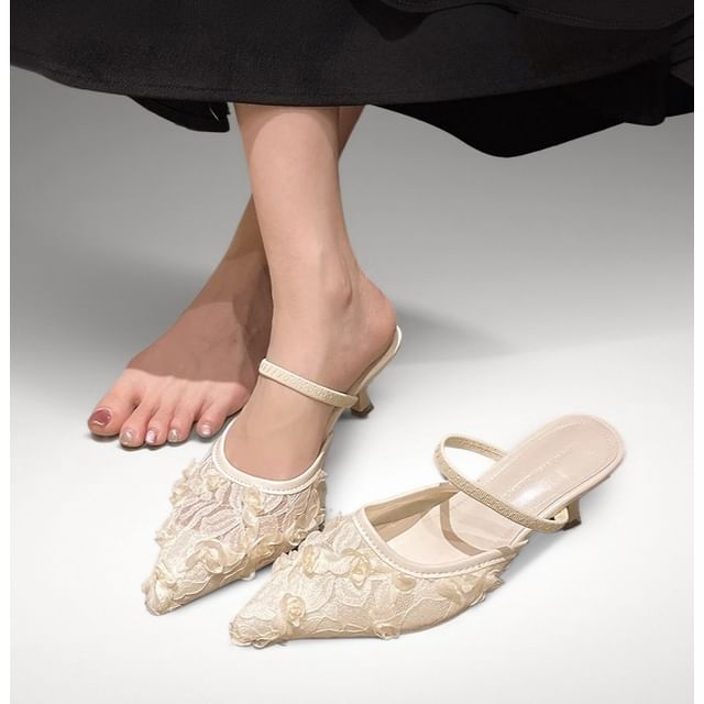 FRAISO-Sheer Lace Pointed Kitten Heel Slide Pumps