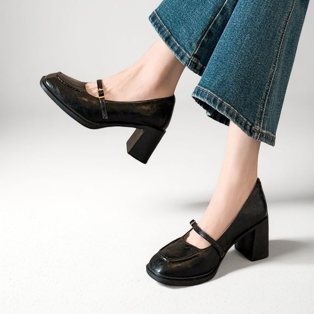 FRAISO-Square Toe Block Heel Mary Jane Pumps