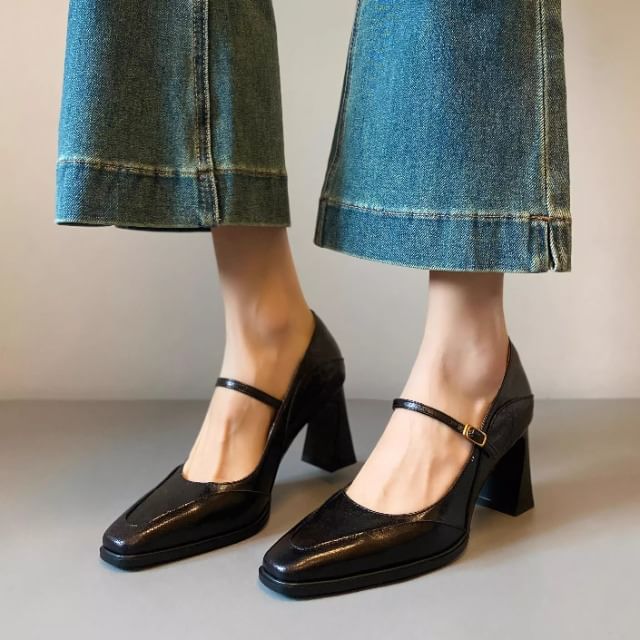 FRAISO-Square Toe Panel Mary Jane Pumps