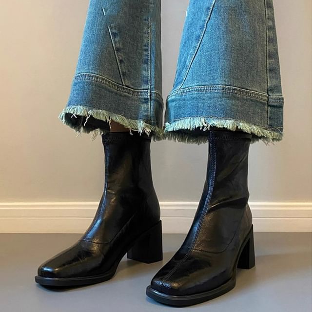 FRAISO-Square Toe Platform Block Heel Short Boots