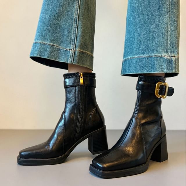 FRAISO-Square Toe Platform Buckled Short Boots