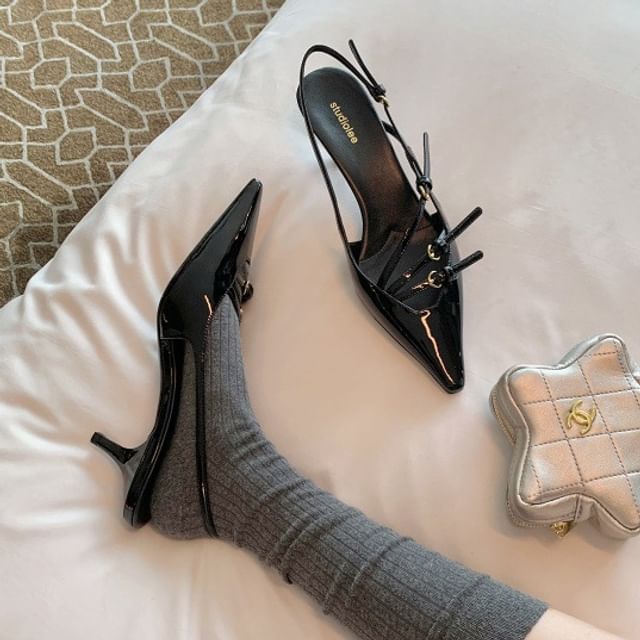 FRAISO-Stiletto Pointed Toe Plain Buckled Slingback Sandals
