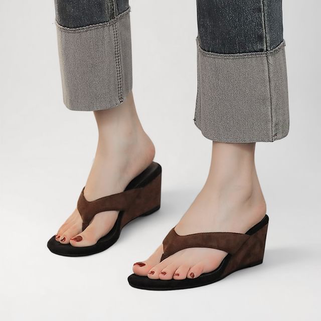 FRAISO-Wedge Heel Plain Flip Flop Sandals