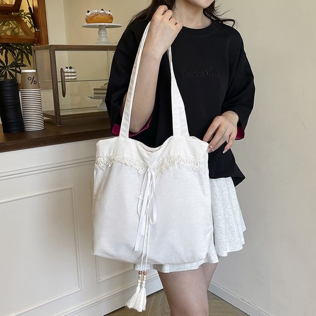 Fran San-Lace Trim Canvas Tote Bag