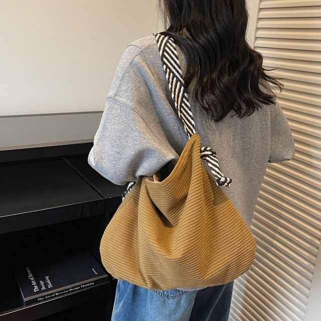 Fran San-Plain Fabric Tote Bag with Striped Strap