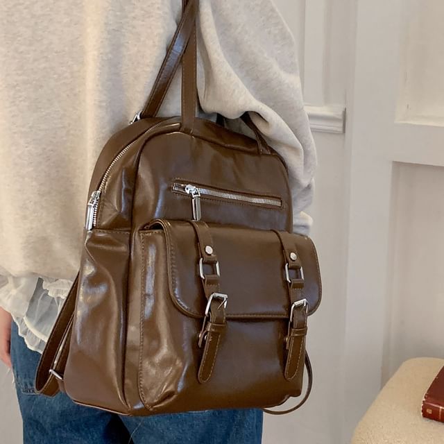 Fran San-Plain Faux Leather Zip Backpack