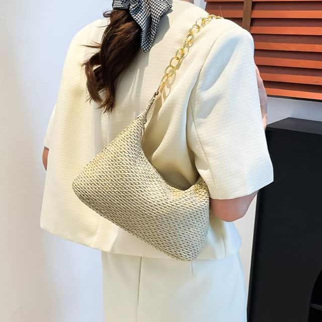Fran San-Straw Zip Chained Shoulder Bag