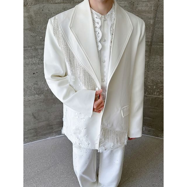 Freehop-Beaded Plain Button-Up Blazer