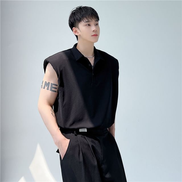 Freehop-Collar Plain Tank Top