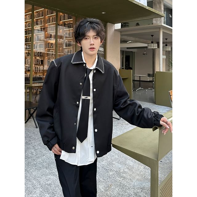 Freehop-Collared Button-Up Contrast Stitching Blazer