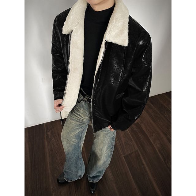 Freehop-Collared Faux Leather Zip Jacket