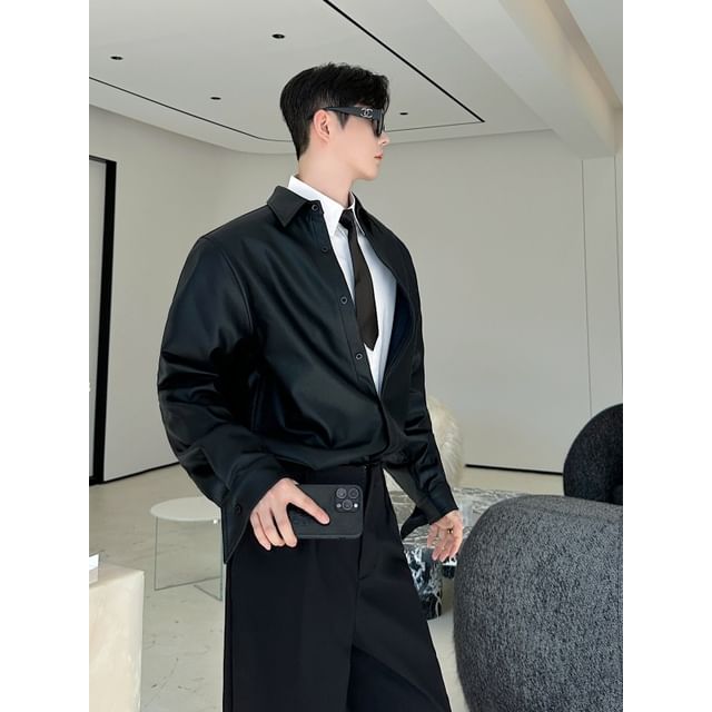 Freehop-Collared Faux Leather Zip-Up Jacket
