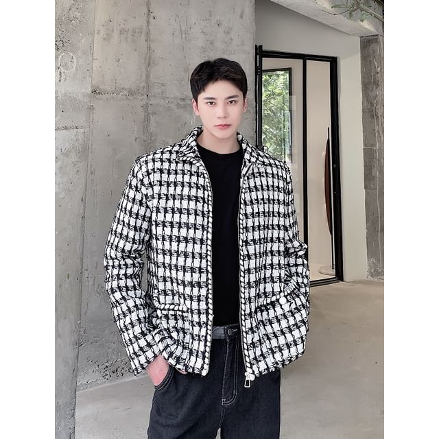 Freehop-Collared Tweed Zip-Up Jacket