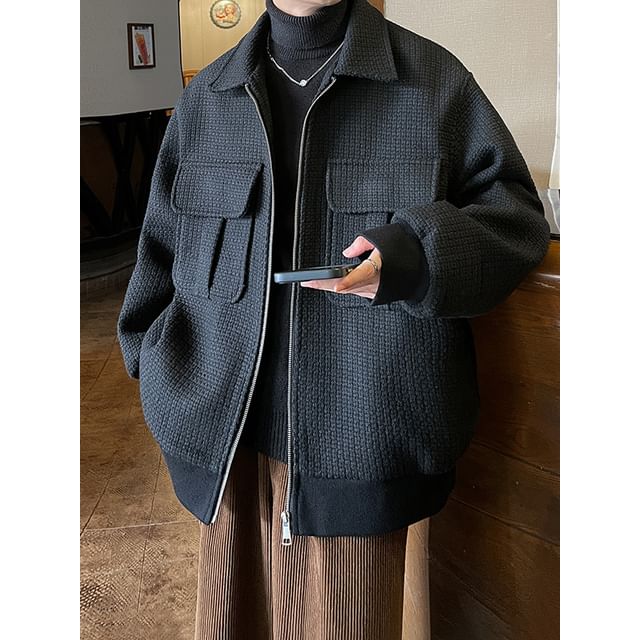 Freehop-Collared Tweed Zip-Up Jacket