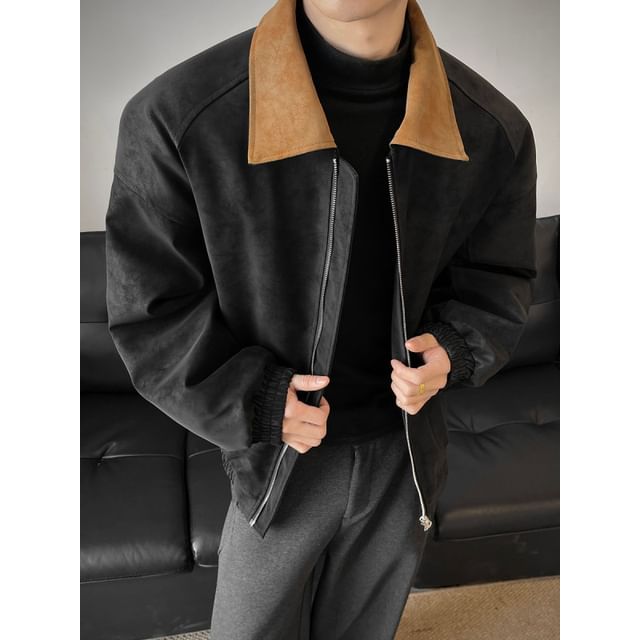Freehop-Collared Two Tone Faux Suede Puffer Jacket