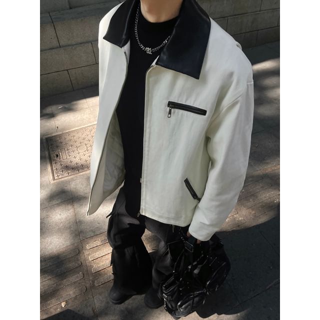 Freehop-Collared Two Tone Zip-Up Jacket