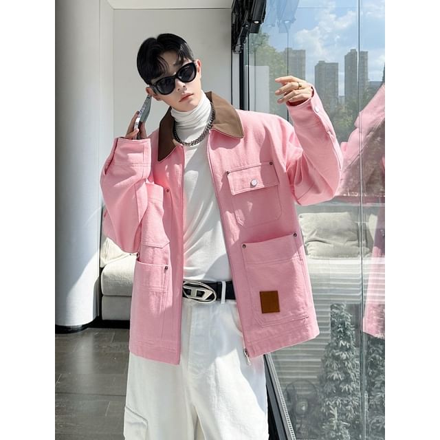 Freehop-Collared Two Tone Zip-Up Jacket